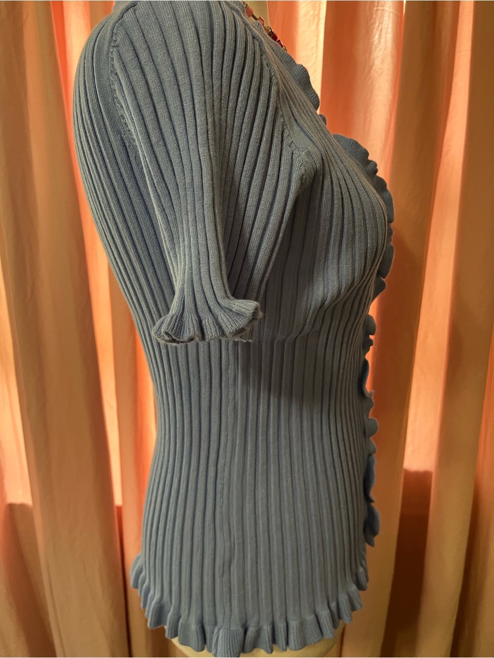 vestique Light Blue Ribbed Ruffle-Trim Button Front Top - Picture 6 of 10